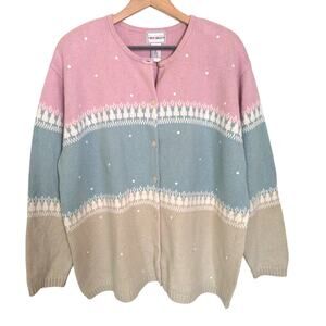 VTG Napa Valley Fair Isle Pink Tree Snow Sequin Cardigan Sweater 2X Christmas